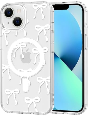 TVVTPU Magnetisch Hülle für iPhone 13 Kompatibel mit MagSafe, Aesthetic Schleifen Muster Handyhülle Nie Vergilbung Dünne Transparent Hard PC Rückseite Stoßfest Kratzfest Schutzhülle Case, Weiß