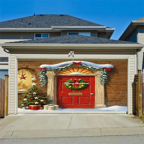 Hiseng 3D Bannière Noël, Grande Bannière Garage Décoration Happy Noël Extra Large Fête Fournitures pour Fond Photo Maison Jardin Clôture Garage Extérieur Intérieur (Porte Rouge,150x200cm)