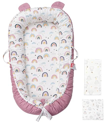 Huracan Neugeborenen Babynest, Baby Nestchen 0–12 Monate, 100% Baumwolle, Doppelseitig & Waschbar, bett Babynestchen Mit Decke 85×85 und 5 Musselin-Tüchern, Tragbar Kuschelnest, Geschenk Baby