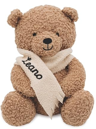 wunderwunsch Jollein Kuscheltier Boucle Teddybär personalisiert, Teddy auf Wunsch mit Schal und Namen, Stofftier als Geschenk Geburt oder Geburtstag (Dunkelbraun)