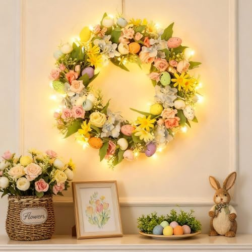 Osterkranz Haustür Beleuchtet mit Eiern, Osterdeko Türkranz Blumen Osterei Kranz mit LED Licht, Frühlingskranz zum Aufhängen Ostern Deko Kranz Türdeko für Haustür Fenster Wand Terrasse Decor (D)
