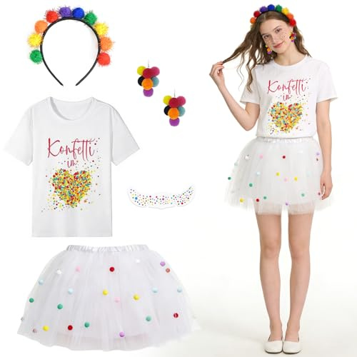 DAZZTIME Karneval Kostüm Damen,5 Stück Konfetti im Herzen Fasching Karneval Konfetti Kostüm Outfit T-Shirt,Fastnacht T-Shirt,Haarreif Mit Pompoms Bunt,für Karneval,Halloween,Fasching,Mottoparty