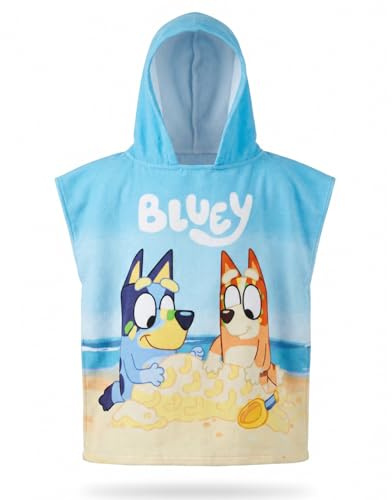 Aymax Bluey & Bingo Kinder Badeponcho 55x110 cm – Mikrofaser Poncho-Badetuch mit Kapuze, schnelltrocknend & leicht – Strandponcho/Poolponcho für Kinder – 100% Polyester