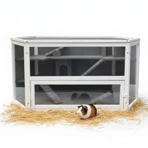 Melko Kleintierkäfig Hamsterkäfig 6-eckig 3 Ebenen 115x60x58 cm Holz | Front aus Plexiglas für freie Sicht, aufklappbarer Deckel, inkl. 2 Häuschen und 2 Wippen, Stahlgitter, für Mäuse und Ratten