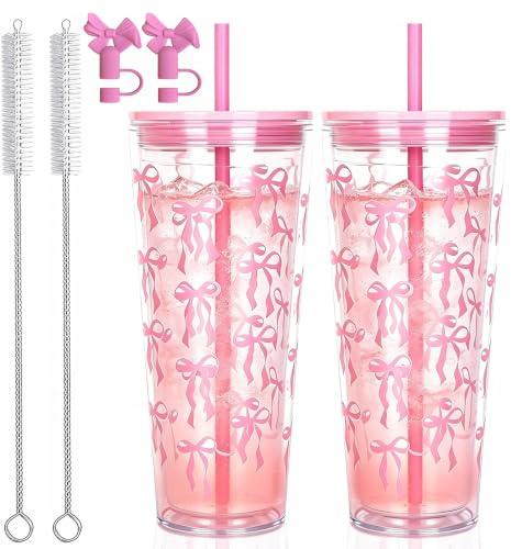 Agarte 700ml Reusable Tumbler with Straw and Lid, 2 Pack Clear Plastic Iced Coffee Travel Cups, Reusable Tumbler Cup Bow Tie Cold Cups, for Office, Travel and Daily Use, Gifts for Girls (Pink Bow)