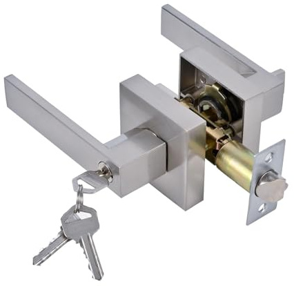 ZAWBNREOPC manilla puerta Palancas de entrada cuadradas, manijas de entrada con llave de servicio pesado con llaves iguales de níquel satinado, juegos de cerraduras reversibles(Silver)