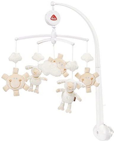 Fehn 154610 Musik – Mobile Schaf – Mobile mit niedlichen Schafen, Sonnen & Wolken – Melodie Schlaf Kindlein schlaf – Zum Befestigen am Bett für Babys von 0 – 5 Monaten – Höhe: 65 cm, ø 40 cm