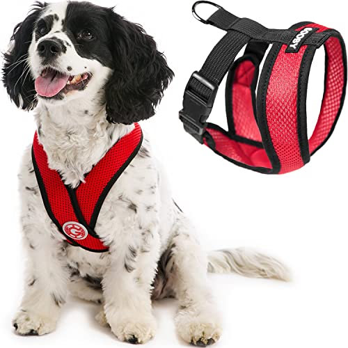 Gooby Comfort X Hundegeschirr zum Ziehen über den Kopf, kein Ziehen, erstickungsfreier X-Rahmen, für unterwegs, für mittelgroße, kleine Hunde, für Innen- und Außenbereich, Rot, Größe M