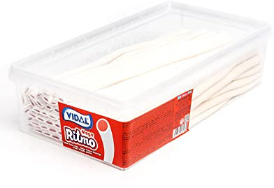Vidal Golosinas Mega Ritmo. Regaliz relleno tamaño XL con intenso sabor a Fresa-Nata. Color blanco y su interior rojo. Bandeja 70 unidades.