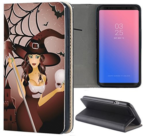 Handyhülle für Samsung Galaxy S9 Hülle Premium Smart Einseitig Flipcover Hülle Galaxy S9 Flip Case Handyhülle Samsung Galaxy S9 Motiv (1582 Hexe mit Totenkopf Halloween)