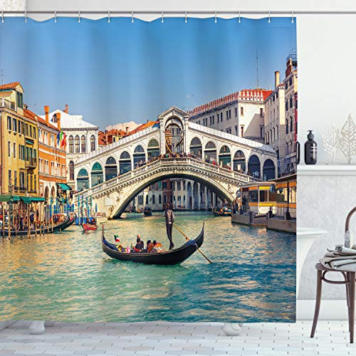 ABAKUHAUS Venedig Duschvorhang, Sunny Day in City-Reisen, Stoffliches Gewebe Badezimmerdekorationsset mit Haken, 175 x 180 cm, Blau Mehrfarbig