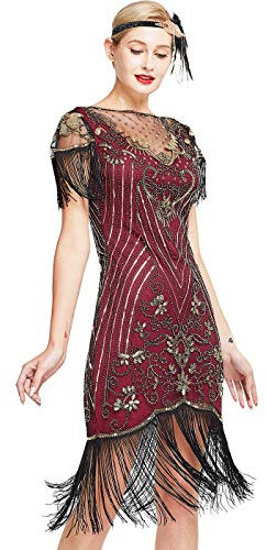 Feenpaar D20S028 Damen Kleid im Stil der 20er-Jahre, Spitzen-Ausschnitt, tolles Gatsby-Kleid, Pailletten Art-Deco-Stil mit Ärmeln - Silber - Groß