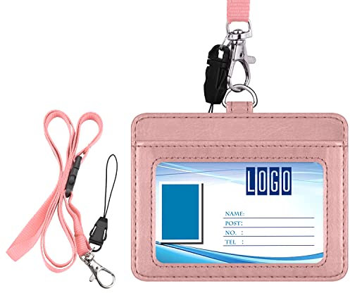 Wisdompro® - Porta badge a due facce in pelle PU con 1 finestra per carta d’identità e 1 per carte di credito, include laccetto rimovibile - 58 cm