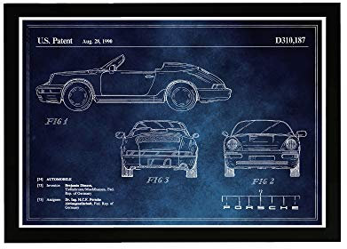 Wynwood Studio Sportwagen und Automobiles Männerhöhle, gerahmt, Wandkunst, Gemälde, Fotografie, Druck Porsche 911 1990 horizontale Kreidetafel, Heimdekoration für Männer in Blau und Weiß, 48 x 33 cm