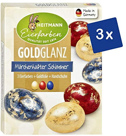 Heitmann Eierfarben Goldglanz - 3er Pack - 3 flüssige Kaltfarben, 4 Dekorfolien - Ostern - Ostereier bemalen, Ostereierfarbe