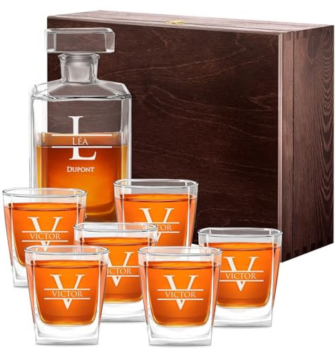 Maverton Ensemble de Carafes Personnalisés a Whisky Rhum Cognac Avec 6 Verres a Whisky Gravés - 700 ml Service Universel Verre Whisky et Carafe - Monogramme