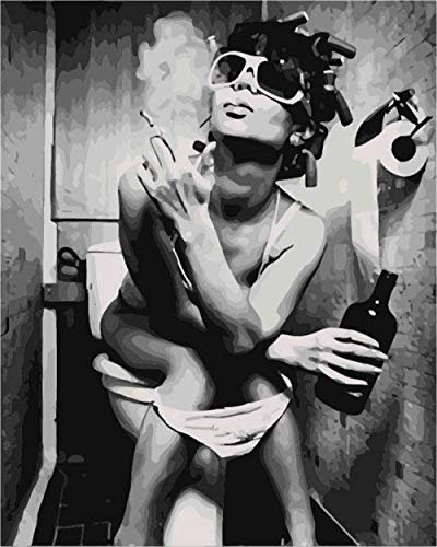 LSDEERE Malen nach Zahlen Set für Erwachsene Kinder Anfänger selber auf Leinwand malen nach Zahlen zur Heimdekoration Frau die in der Toilette raucht 40x50cm