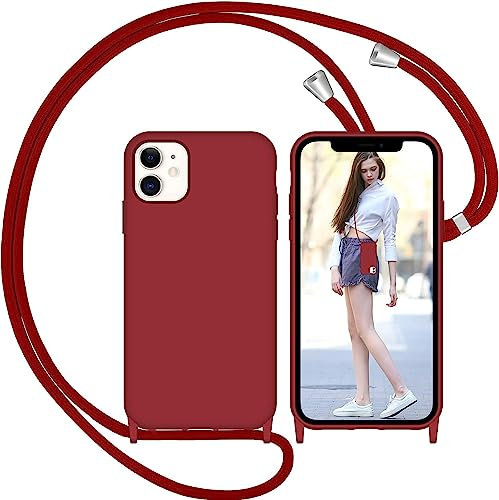 Nupcknn für iPhone 11 Hülle mit Band, Liquid Silicone Handykette Handyhülle (Abnehmbar Einstellbar) Necklace mit Kordel zum Umhängen Handy Kette Kratzfestes Stossfest Schutzhülle(Rotwein)