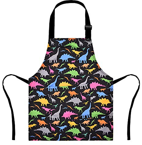 XonyiCos Kinder Jungen Dinosaurier Schürze mit Taschen, Mädchen Schürzen zum Kochen, Malen, Küchenchef Schürze für Kinder 3-12 Jahre (Schwarz & Dinosaurier, Klein (3-5 Jahre))