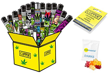 5 x Clipper Feuerzeuge 420 Mix mit Pflanzen Motive inkl. Ersatz Feuersteine und Gummibären von sunmando