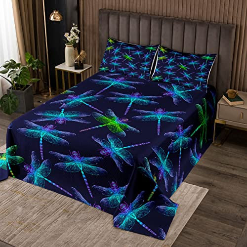 Neon Libelle Tagesdecke Tiermotiv Steppdecke Set, Boho Bohemian Bettdecke Set 220x240 Grün Blau Libelle Bettwäsche Set für Kinder Teenager Erwachsene, 3 Stück Langlebige Mikrofaser Bettdecke Schwarz