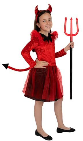 Funidelia Teufelin-Kostüm für Mädchen, inklusive Kleid mit Schwanz und Diadem, Dämon, Teufel - Kostüm für Kinder für Partys, Karneval und Halloween