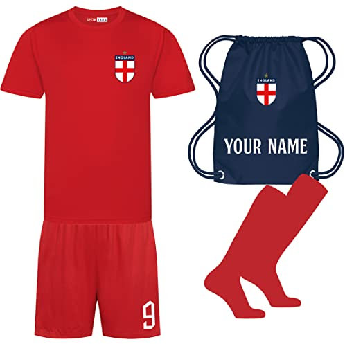 Sportees Personalised Unisex Kids England Football Kit - Red World Cup Away Jersey, Shorts, Socks and Bag - 9/11 Years