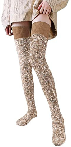FGFD&OU Calze da Donna Sopra il Ginocchio Cotone Invernali Termici Extra Lunghi a Maglia di Coscia Retro per Ragazze e Donne, Calzettoni Natalizi (Khaki)