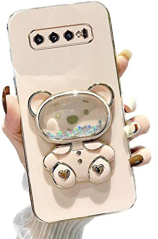 Rnrieyta Miagon Bär Spiegel Ständer Hülle für Samsung Galaxy S10,Cute Mädchen Dünn Treibsand Glitzer Galvanisierte Schutzhülle Weiches Case Bumper mit Spiegel Halter Kickständer