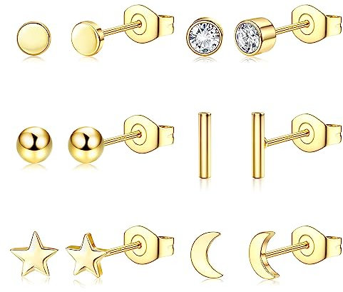 KALVICA 6 Paar Ohrstecker Ohrringe Set 925 Sterling Silber Ohrstecker Ohrringe Sterne Mond Zirkonia Ohrstecker Gold Sliver Kleine Schläfer Knorpel Ohrstecker Ohrringe für Damen Mädchen