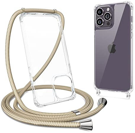 ZTOFERA Crossbody Lanyard Case for iPhone 15 Pro Max, Ultra Clear Hard Back with Soft Bumper Protective Phone Case with Strap Adjustable Neck Cord Necklace Shockproof Cover, Khaki