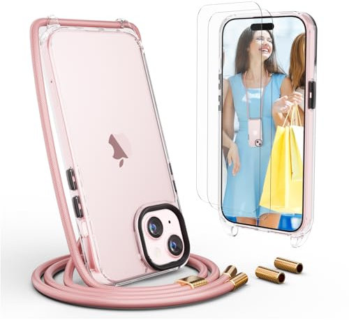 UYMO Handykette Hülle mit Band Für iPhone 15 Pro max 6.7-Necklace Transparent Handyhülle Case mit Strap Schnur Abnehmbar, Schutzhülle zum Umhängen Kordel,Roségold