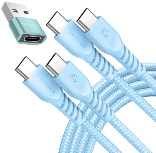 TECHGEAR USB C to USB C Charger Cable 60W (1M+1M+Adapter) Braided Fast Charging Type C Data Lead for iPhone 17 16 15 Pro Max, iPad A16 Air Pro, Samsung S26 S25 S24 A17 A36 A56, Pixel, MacBook, Switch