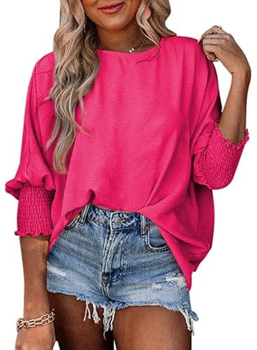 Dokotoo Damen Bluse Sommer Kurzarm Musselin Tunika Shirt Casual Rundhals Puffärmel Oversize Oberteile Blusenshirt Tops, Rose, L