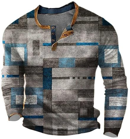 Herren Shirt Kurzarm Herren-T-Shirt mit Langen Ärmeln, bedrucktem Knopf, modisch, lässig Wecker Armband (Grey, L)