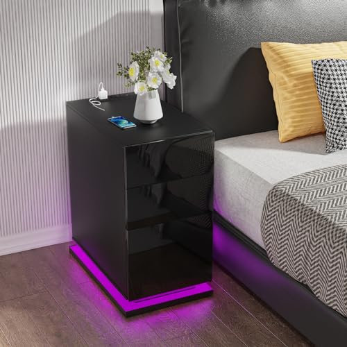 Lvhecforhm Table de Chevet Étroite avec Station de Charge USB, Éclairage LED Réglable en Couleur, Noir, 50x30x63cm
