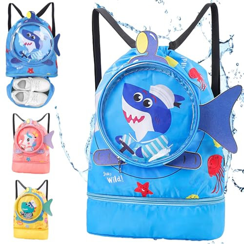 YOUYIKE Borsa con Coulisse per Bambini, Cucciolo di Squalo Waterproof Sacca Piscina, Separazione Umido e Secco, Sacca da Ginnastica Ragazzo e Ragazza, Scuola Spiaggia All'aria Aperta Viaggio