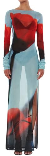 SANSIWU Women Sexy See Through Long Sleeve Bodycon Mesh Maxi Dress Y2k Floral Mesh Long Tulle Dress Beach Cover Up (A-Floral, M)