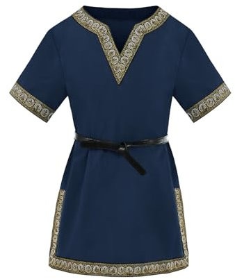 Haloumoning Jungen Mittelalter Tunika Kinder Cosplay T-Shirts Kostüm Halloween Renaissance Wikinger Warrior Ritter Tops, Dunkelblau, 8-10 Jahre