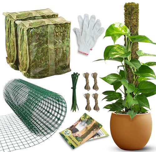 DUSPRO DIY Moss Pole Kit, Metal Moss Pole for Plant Monstera, Pothos, Philodendron, 1pc 8.6’’ x 6.5 ft Wire Moss Pole Mesh with Forest Moss, Cable Zip Ties, Gloves