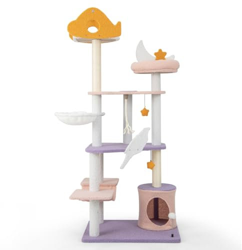 COSTWAY Arbre à Chat Mignon de 167 CM, Centre d'Activité Multicouche avec Grattoir en Sisal et Jouets Suspendus, Tour à Chat avec Hamac et Condo, Charge 15 KG Chaque Couche