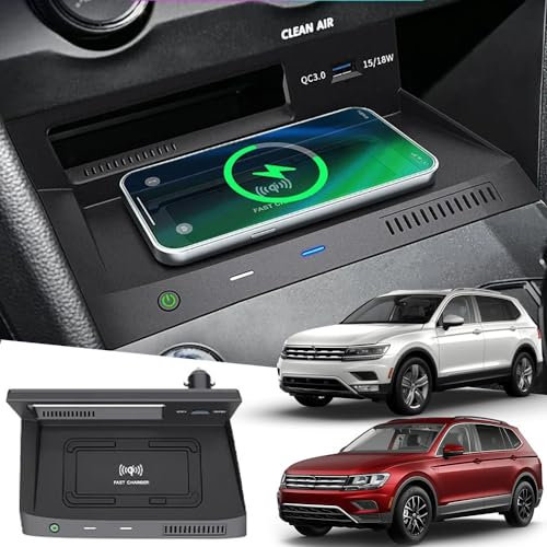 Singkin Kabelloses Auto Ladegerät für Volkswagen VW Tiguan 2017 2018 2019 2020 2021, 15W Wireless Schnellladendes Handy-Ladegerät mit 18W QC3.0 USB, für Volkswagen Tiguan Innenzubehör-Upgrades