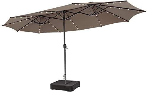 GYMAX Ombrellone Doppio da Giardino con Base, 4,7x2,8 M, Pannello Solare Auto-caricante e 48 Luci Solari, Ombrellone Grande con Manovella (Marrone)