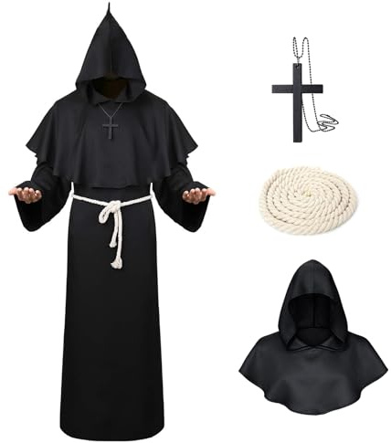 MEIRRAI Mönch Robe Priester Gewand Halloween Kostüm mit Kapuze und Kreuz Ornament Taillenseil, Mittelalter Hooded Renaissance Herren Männer Mönchskutte für Karneval Mottoparty Fasching Cosplay
