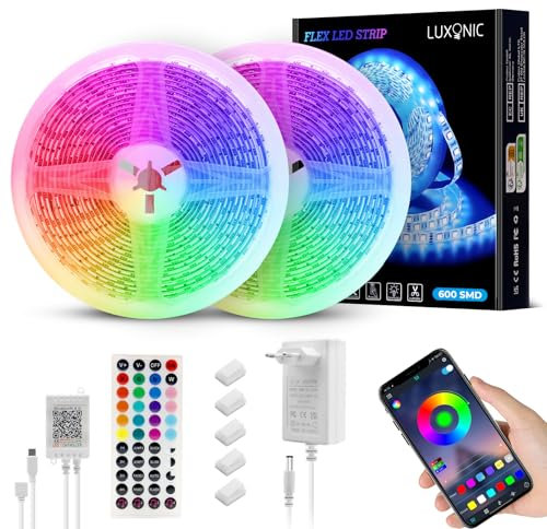 LUXONIC Impermeabile Striscia LED 10m(2X5M), 60 LED/m, 600 LED Super Luminoso, 24V 5050 RGB Esterna Flessibile Luci LED Colorate, APP e Telecomando, Sincronizzazione Musicale, per Cucina, Feste, Bar