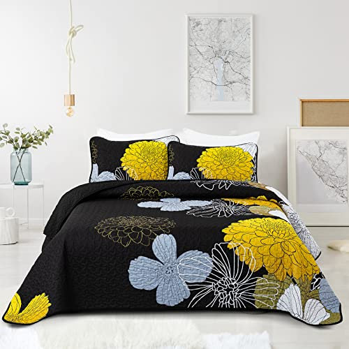 WONGS BEDDING Tagesdecke 220x240 Gelblich Schwarz Bettüberwurf Weiche Sommerdecke Gesteppte Decke für Doppelbett Mikrofaser Bettdecke mit 2 Kissenbezug 50x75