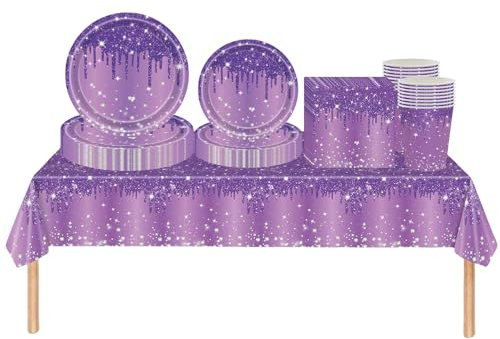 69-teiliges Partygeschirr-Set mit violetten, glänzenden Glitzer-Diamanten, Kunststoff-Tischdecke, Pappteller, Servietten und Becher, Einweg-Geschirr-Set für Kinder, Erwachsene, Geburtstag,