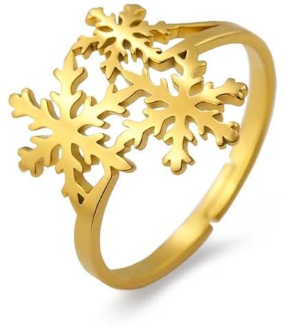 LIKGREAT Schneeflocken Ring Winter Eis Einstellbare Größe Ringe für Frauen Edelstahl Weihnachtsschmuck (Gold, Anpassbar)