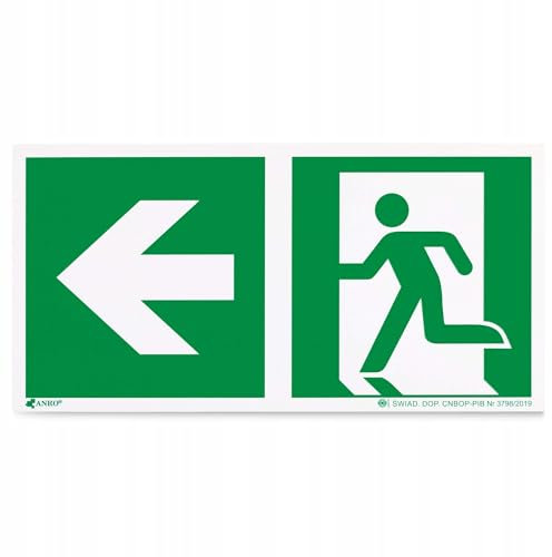 PRINTIMA Beispiel für einen Notausgang mit zusätzlichem Schild (Richtungspfeil links) I Leuchtendes Evakuierungsschild aus PVC – 30 x 15 cm, Leuchtendes Fluchtweg-Sicherheitsschild mit Pfeil