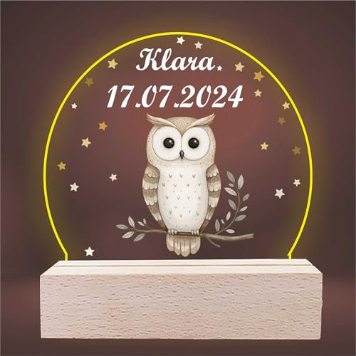 INDIGOS UG - LED Lampe personalisiert - Eule - Nachtlicht Kinder - personalisierte Geschenke - Nachtlampe - Geschenk für Baby und Kinder mit Wunschtext